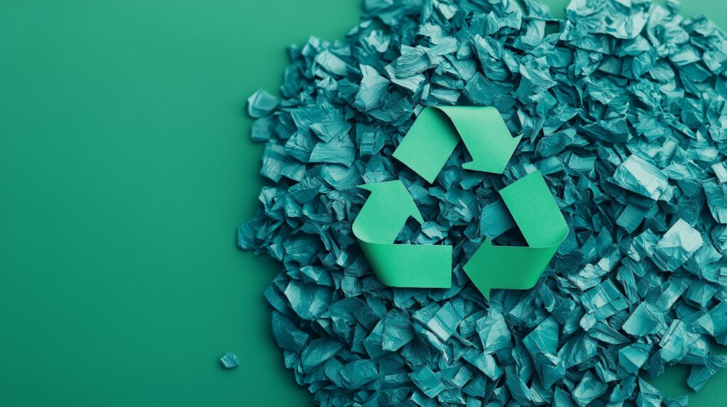 Simbolo de reciclaje sobre fondo con escamas de plástico